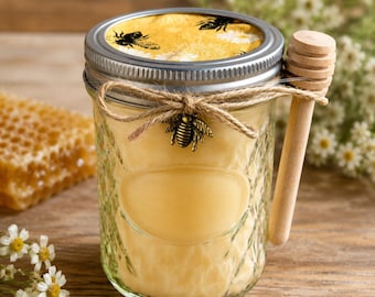 Beeswax Candle in Honey Jar – 8 oz Handmade Candle – Cotton or Wood Wick – Natural Beeswax – Gift