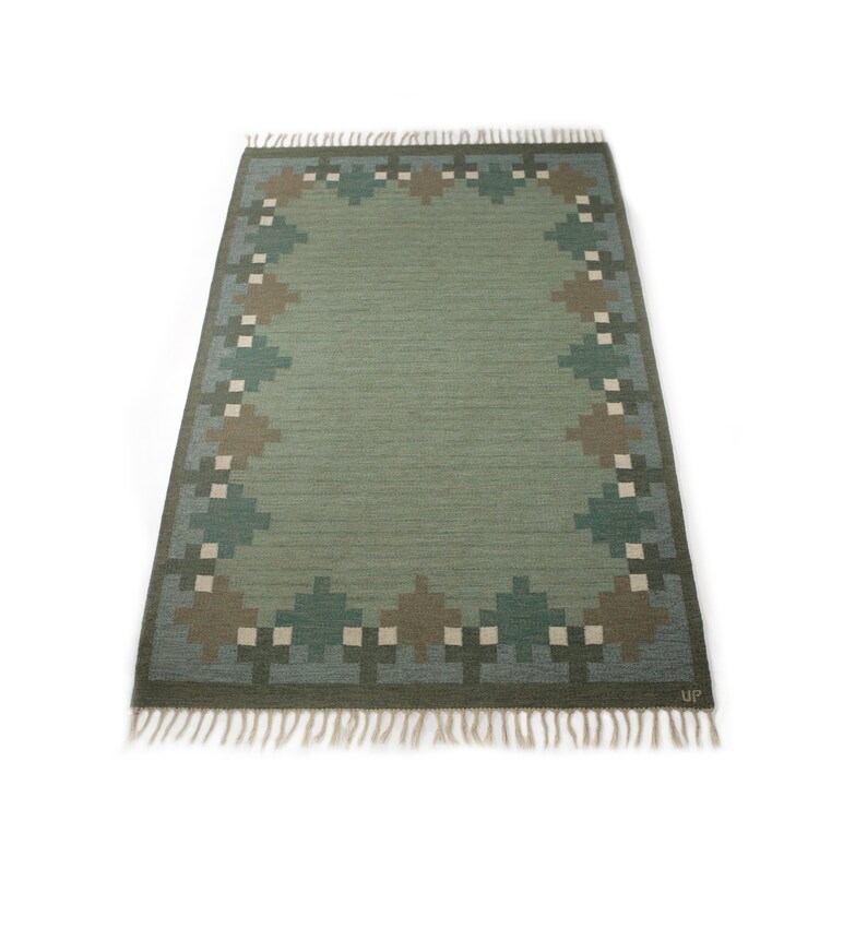 Vintage Ulla Parkdahl Flat Weave Rug Signed Up 243 Cm X 166 - Green Flat Weave Rug Vintage Ulla Parkdahl Flat Weave Rug Signed Up 243 Cm X 166 - Green Flat Weave Rug