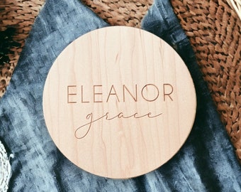 Simple and Elegant Wooden Round Engraved Name Sign | Baby Announcement Sign | Baby Shower Gift