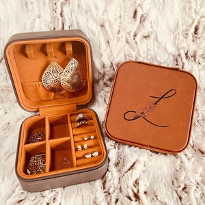 Personalized Faux Leather Jewelry Travel Case: Engraved Initial Gift
