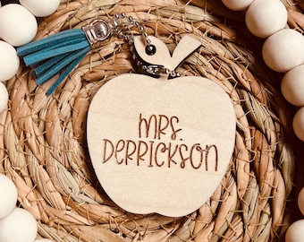 Gepersonaliseerde sleutelhanger met naam leraar, sleutelhanger appelleraar met naam leraar, aangepaste sleutelhanger met kwastje, sleutelhanger cadeau leraar