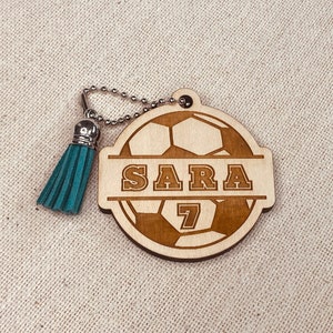 Custom Soccer Keychain // Soccer team // Soccer Name and Number wood engraved keychain