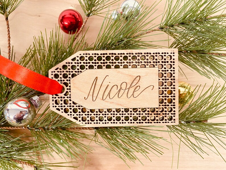 Rattan Stocking Tag Personalized With Hand Lettered Name / Boho Christmas Decor image 9