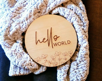 Panneau Annonce Bébé En Bois "Hello World" - Diamètre 15 Cm, Pour Photo Nouveau-né, Baby Shower, Décoration - 12