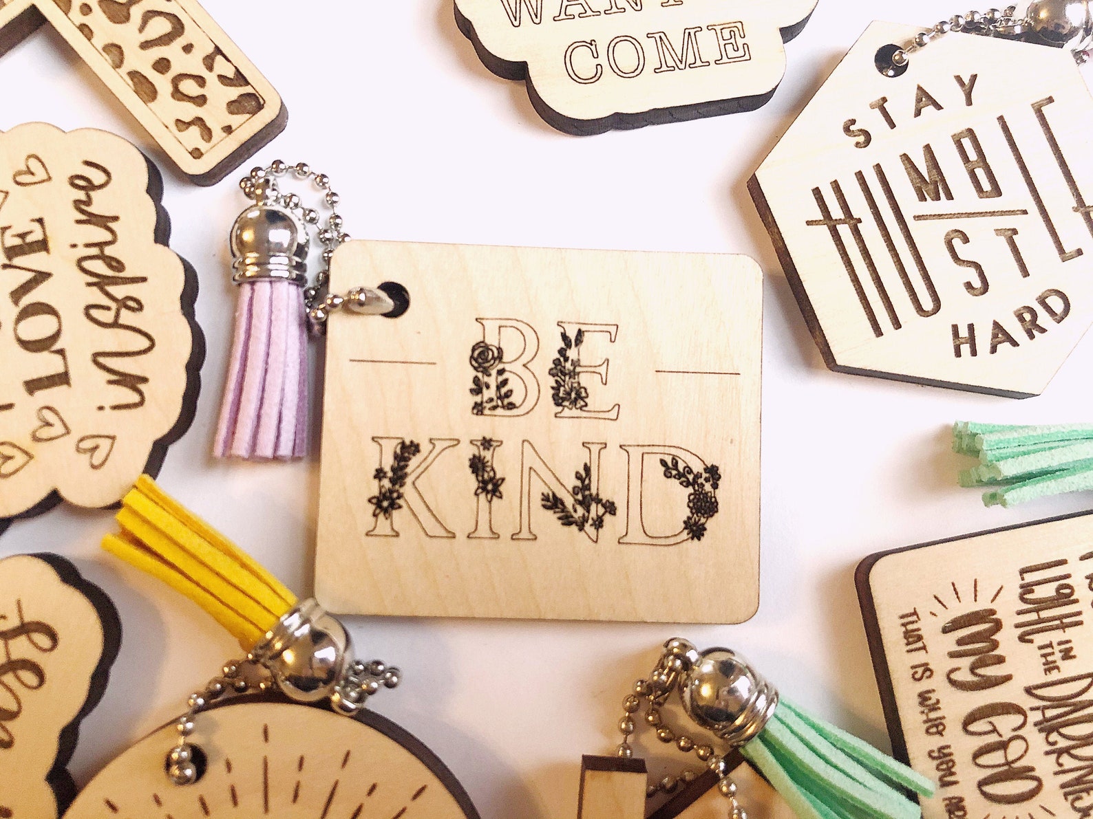 Be Kind Keychain // Wood Engraved Tassel Keychain Etsy