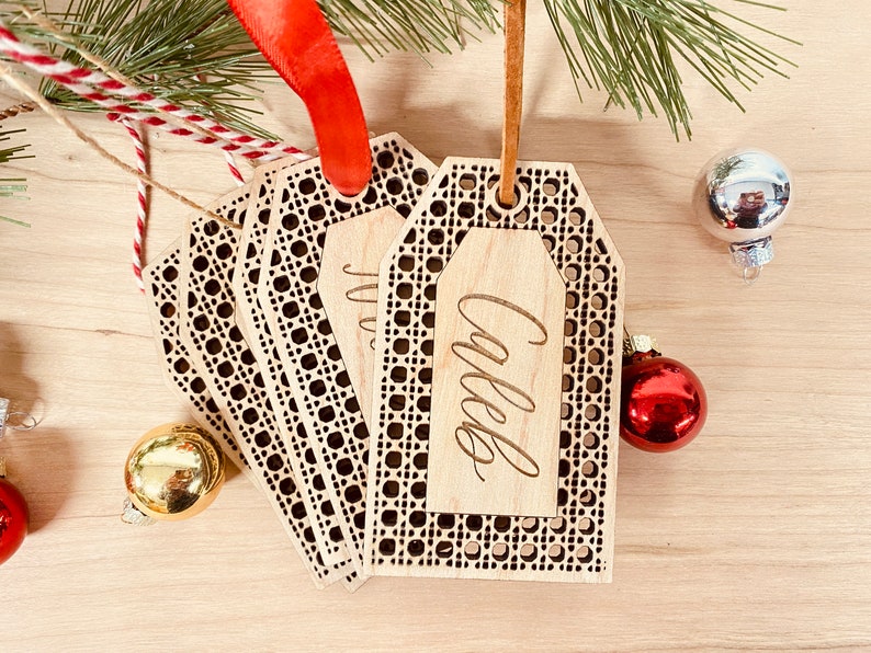 Rattan Stocking Tag Personalized With Hand Lettered Name / Boho Christmas Decor image 7