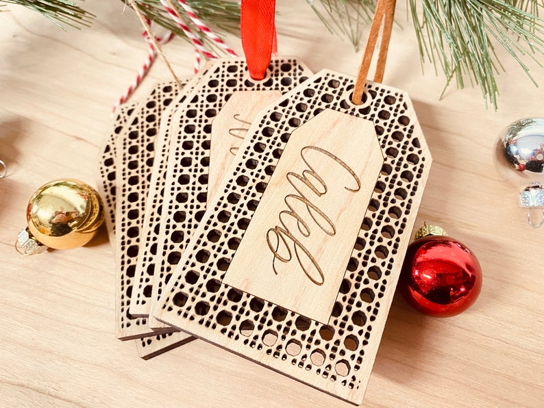 Rattan Stocking Tag Personalized With Hand Lettered Name / Boho Christmas Decor image 3