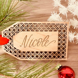 Rattan Stocking Tag Personalized With Hand Lettered Name / Boho Christmas Decor image 4