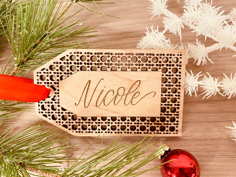 Rattan Stocking Tag Personalized With Hand Lettered Name / Boho Christmas Decor image 4