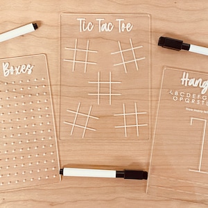 Reusable Acrylic Kids Travel Game Boards // Car Ride Games // Dot Game, Hangman, Tic Tac Toe, Dots and Boxes // Stocking Stuffer for Kids