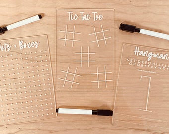 Reusable Acrylic Kids Travel Game Boards // Car Ride Games // Dot Game, Hangman, Tic Tac Toe, Dots and Boxes // Stocking Stuffer for Kids