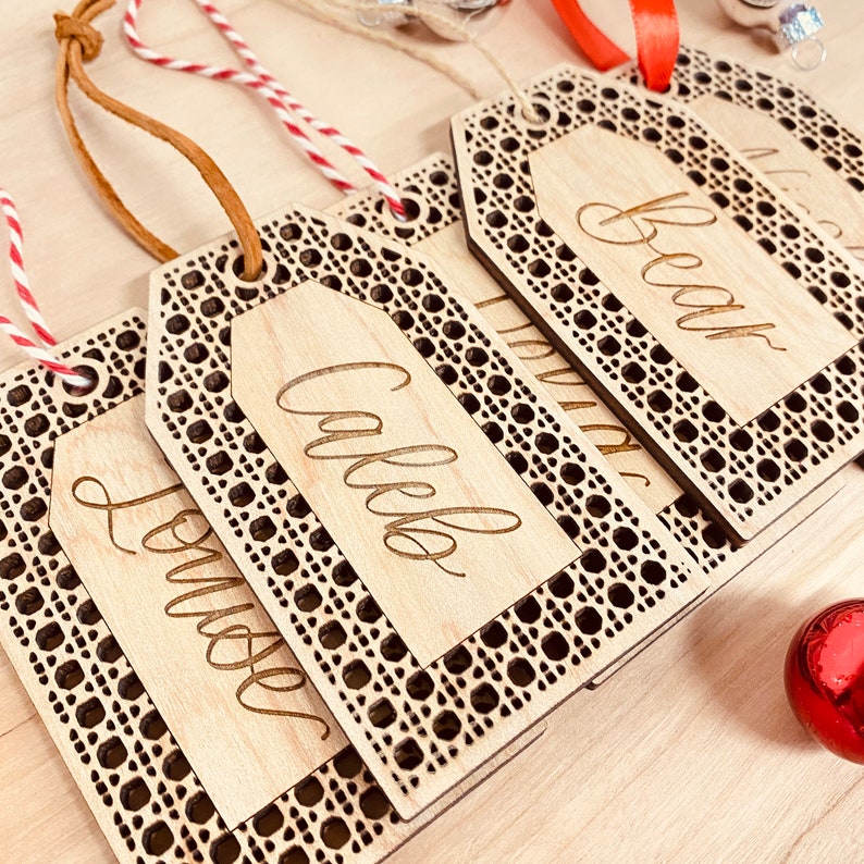 Rattan Stocking Tag Personalized With Hand Lettered Name / Boho Christmas Decor image 2
