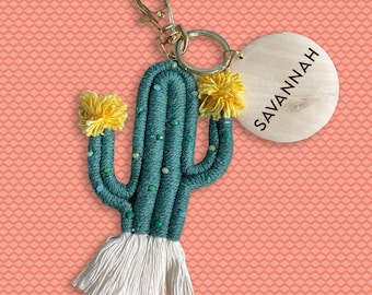 Personalized Macrame Cactus Keychain or bag tag