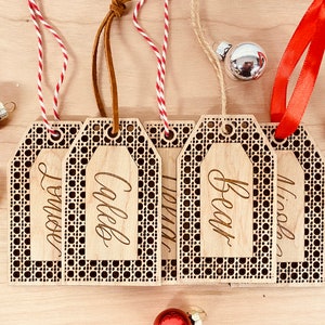 Rattan Stocking Tag Personalized With Hand Lettered Name / Boho Christmas Decor image 1