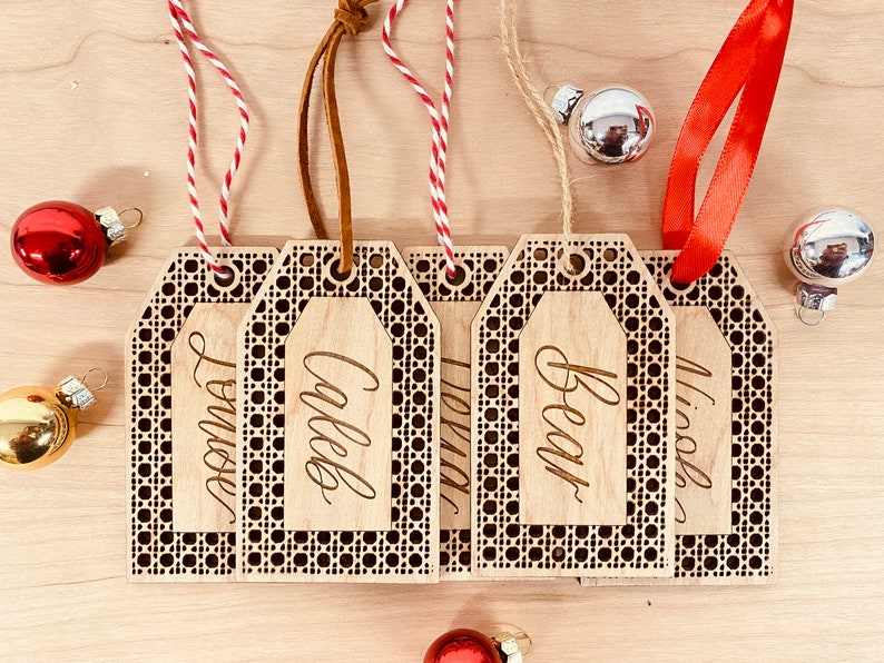 Rattan Stocking Tag Personalized With Hand Lettered Name / Boho Christmas Decor image 1