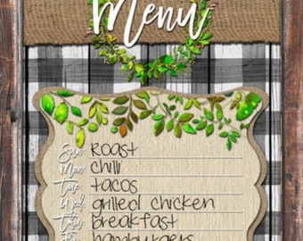 Dry Erase Menu Board Plaid Rustic Wood Burlap Weekly Menu Planner Dinner Family Meal Organizer Kitchen Accessories House Warming Gift