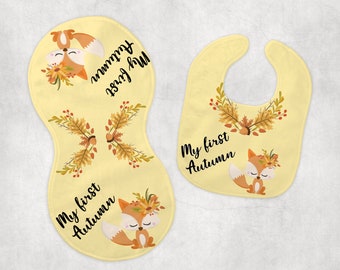 My First Autumn Baby Bib Burp Cloth Set Shower Gift New Mom Fall Newborn Fox Pup Rag Pregnancy Expecting Nursery Diaper Bag Accessory Leaves
