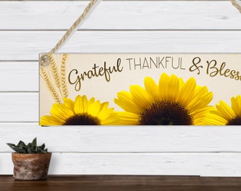 Grateful Thankful Blessed Wall Hanging Sign Sunflowers Wheat Farmhouse Dye Sublimation Home Office Kitchen Bedroom Decor Art Country Rustic