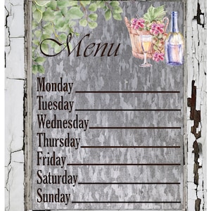Dry Erase Menu Board Wine Floral Crackle Weekly Menu Planner Whiteboard Fridge Dinner House Warming Gift Kitchen Accessories Family Organize