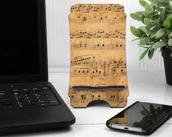 Wooden Phone Stand Musical Notes Rustic Sheet Music Lover Cell Desk Home Office Bedroom Dorm Accessory iPhone Kindle Band Choir Teacher Gift