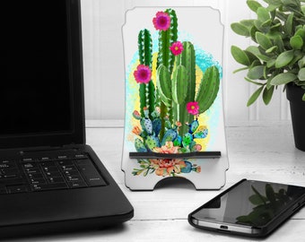 Cactus Phone Stand Flowering Southwest Wooden Decor Plant Lover Florist Cell Desk Home Office Bedroom Dorm Accessory iPhone Kindle Gift