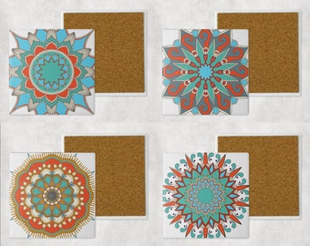 Mandala Style Coasters Set Of 4 Sandstone Top Cork Bottom With Optional Holder Drink Mat Geometric Hindu Oriental Cosmos Art Dye Sublimation