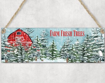 Farm Fresh Trees Sign Wall Hanging Twine Snowy Scenery Home Office Kitchen Bedroom Decor Art Country Christmas Winter Rustic Barn Yuletide