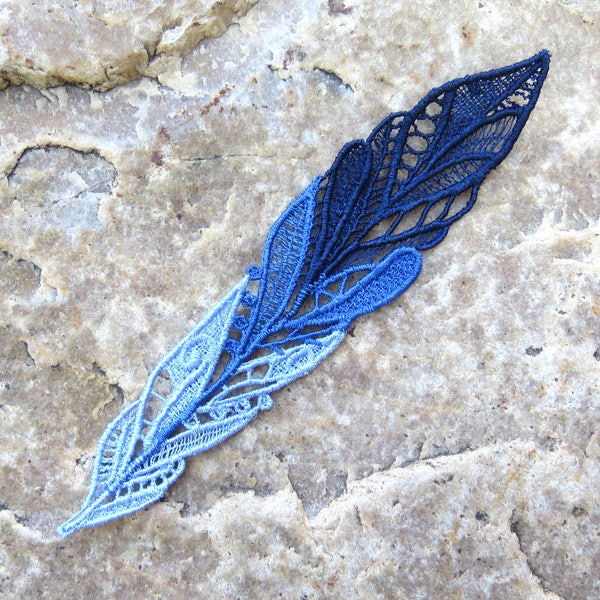 Blue Feather Bookmark Ombre Free Standing Lace Embroidery FSL Customizable Gift For Reader Book Worm Lover Teacher Librarian Page Saver