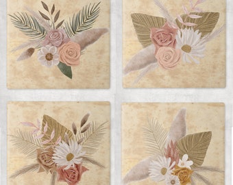 Floral Sandstone Coasters Set Of 4 Cork Bottom With Optional Holder Drink Mat Bohemian BoHo Style Decor Art Beige Green Pink Dye Sublimation