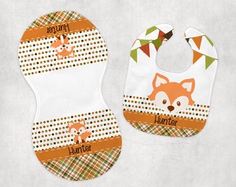 Fox Baby Bib Burp Cloth Set Personalized Customized Rag New Shower Gift Newborn Pregnancy For Mom Fall Forest Woodland Infant Nursery Diaper