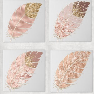 May include: Four square tiles with a rose gold glitter feather design. Each tile features a different pattern of rose gold glitter and a white background.