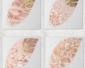 Feather Sandstone Coasters Set Of 4 Cork Bottom With Optional Holder Drink Mat Bohemian BoHo Rose Gold Metallic Sequin Blush Pink Dye Sub