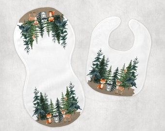 Woodland Animal Baby Bib Burp Cloth Set Personalized Customized Rag New Shower Gift Newborn Pregnancy Mom Fall Forest Infant Nursery Diaper
