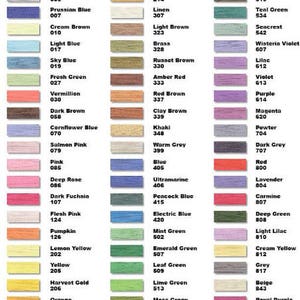 May include: A color chart of DMC embroidery floss with over 100 different colors. The chart is organized by color family, with each color having a corresponding number.