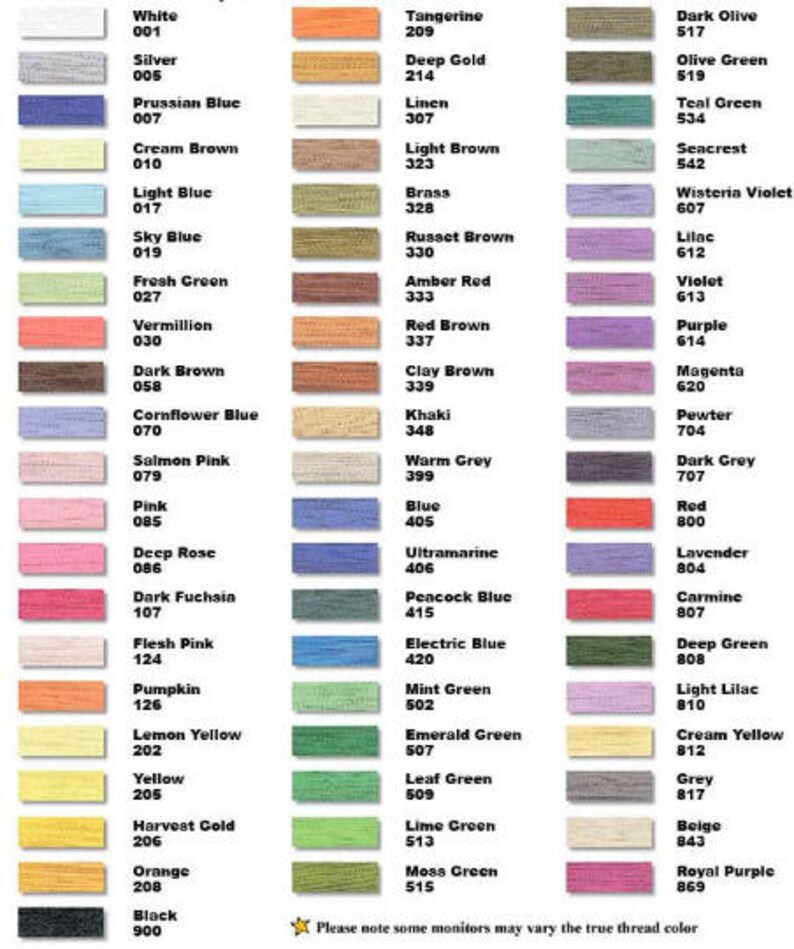 May include: A color chart of DMC embroidery floss with over 100 different colors. The chart is organized by color family, with each color having a corresponding number.