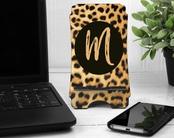 Wooden Phone Stand Leopard Print Monogram Personalization Custom Cute Cell Desk Home Office Bedroom Dorm Accessory iPhone Kindle Girl