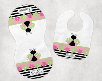 Bug Baby Bib Burp Cloth Set Rag New Infant Shower Gift Newborn Pregnancy For New Mom Floral Pastel Black White Stripes Personalize Customize