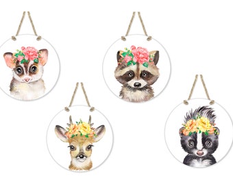 Woodland Baby Animal Ceramic Wall Hanging Nursery Decor Baby Shower Gift Deer Flying Squirrel Raccoon Skunk Farmhouse Country
