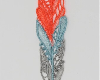 Feather Bookmark Orange Blue Silver Ombre Lace FSL Free Standing Lace Embroidery Unique Custom Gift For Reader Book Lover Librarian Teacher