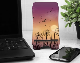 Sunset & Birds Phone Stand, Wooden Desk Organizer