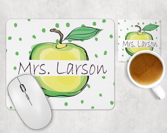 School Teacher Mouse Pad Matching Coaster Set Apple Style Appreciation Thank You End Of School Personalize Customize Gift Computer Accessory