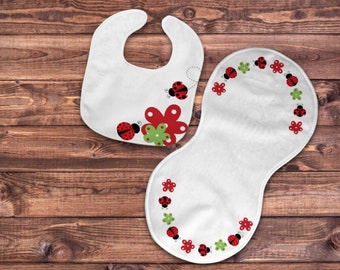Lady Bug Baby Bib Burp Cloth Set Rag Shower Gift Newborn Pregnancy For New Mom Forest Woodland Infant Nursery Accessory Floral Red White