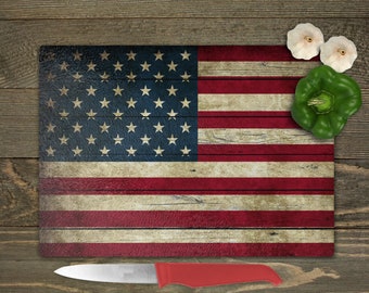 American Flag Cutting Chopping Board Glass Dye Sub Image Dark Wood Kitchen Decor House Warming Wedding Gift For Cook Mom Rustic Patriotic