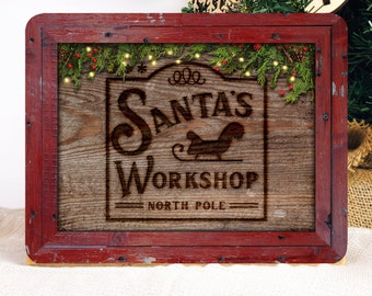Santa's Workshop North Pole Faux Wood Sign Dye Sub Christmas Rustic Farmhouse Distress Plaque House Warming Gift Yuletide Holiday Decor