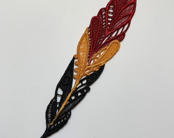 Feather Bookmark Red Gold Black Ombre Free Standing Lace FSL Gift For Reader Book Lover Literary Teacher Librarian Writers Embroidery Black