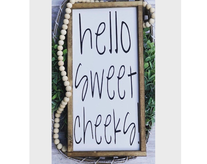 Farmhouse Decor | Farmhouse Wall Decor | Signs For Home | Framed Wood Signs | Farmhouse Sign | Funny Bathroom Signs | Hello Sweet Cheeks