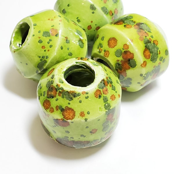 Vintage Lime Green Speckled Ceramic Macrame Large Hole Bead, 1pc