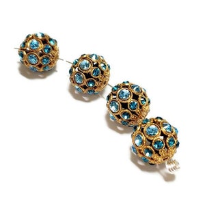 13mm Aqua Indicolite Combo on Antique Gold Swarovski® Rhinestone Encrusted Crystal Balls, 1pc