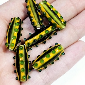 Artisan Handmade Lampowrked Elongated Dotted and Striped Bicone Beads, 2 Pieces