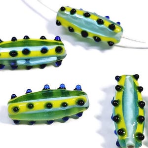 Artisan Handmade Lampowrked Elongated Dotted and Striped Bicone Beads, 2 Pieces